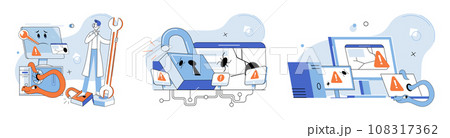 Malware spyware virus. Vector illustration. Warnings help users identify potential security risks and malware threats Errors in software clead to system vulnerabilities and infections Malicious 108317362