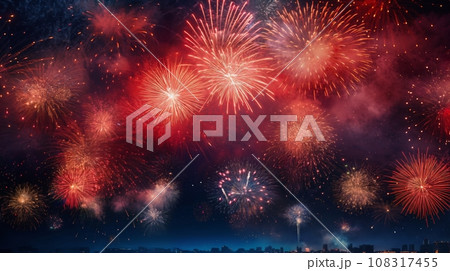 fireworks over night city sky, holiday background, bright colorful lights fireworks over night city sky, holiday background, bright colorful lights 108317455