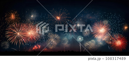 fireworks over night city sky, holiday background, bright colorful lights 108317489