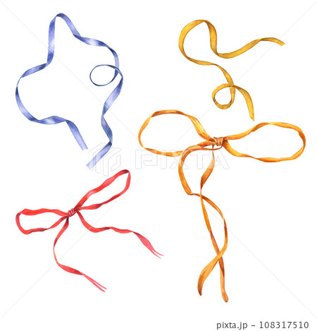 Set of colored bows with long ribbons. Blue, yellow, red ribbons. Watercolor illustration isolated on white. Hand drawn element for decorating gifts, flower bouquets. Birthday, Valentine day 108317510