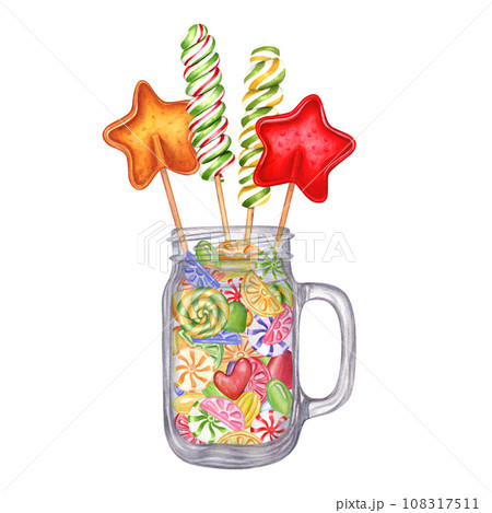 Glass jar filled with colorful candies. Mason jar with handle. Candies on stick. Lollipops in the shape of star, fruit caramel with striped swirls. Bonbon, jelly. Watercolor illustration 108317511