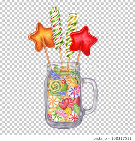 Glass jar filled with colorful candies. Mason jar with handle. Candies on stick. Lollipops in the shape of star, fruit caramel with striped swirls. Bonbon, jelly. Watercolor illustration 108317511