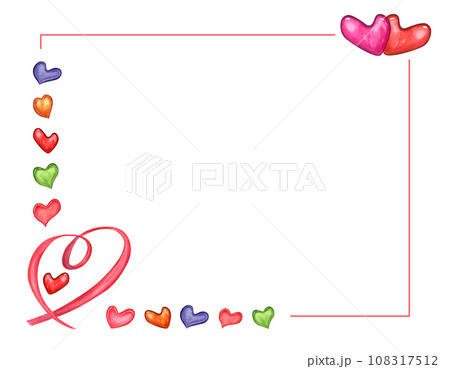 Horizontal frame with colored hearts, pink ribbon. Hearts of various shapes and colors. Copy space for text. Watercolor illustration for Mother day, Valentine Day cards, greetings 108317512