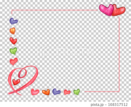 Horizontal frame with colored hearts, pink ribbon. Hearts of various shapes and colors. Copy space for text. Watercolor illustration for Mother day, Valentine Day cards, greetings 108317512