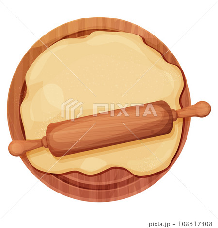 Wooden rolling pin with dough and flour handle culinary equipment on cutting desk top view in cartoon style isolated on white background. Wood textured roller, utensil, baker recipe. 108317808