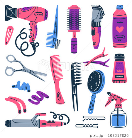Professional Hairdressing Tools and Accessory for Hairdo Vector Set Professional Hairdressing Tools and Accessory for Hairdo Vector Set 108317826