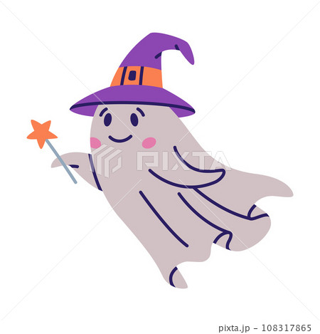 Cute Ghost Character as Flying Poltergeist Creature in Hat with Magic Wand Vector Illustration 108317865