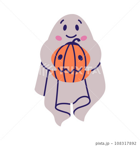 Cute Ghost Character Hold Pumpkin as Flying Poltergeist Creature Vector Illustration 108317892