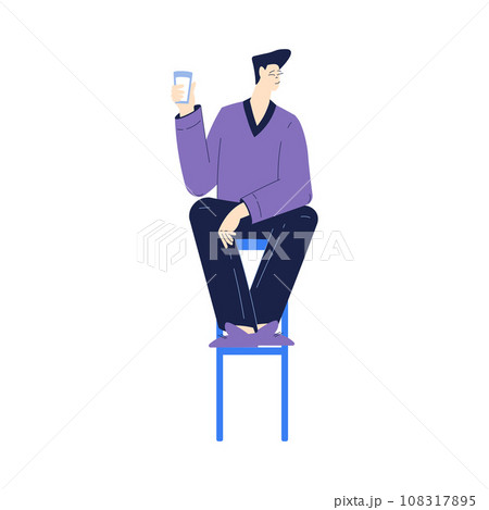 Man Character with Glass Enjoying Cold Refreshing Drink Vector Illustration 108317895