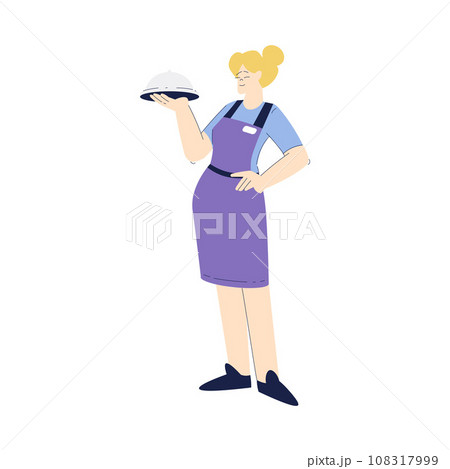 Woman Waitress Character in Purple Apron Standing with Tray Vector Illustration Woman Waitress Character in Purple Apron Standing with Tray Vector Illustration 108317999