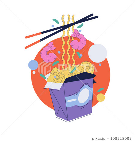 Asian Noodle in Carton Box Package with Shrimps and Chopstick Vector Illustration 108318005