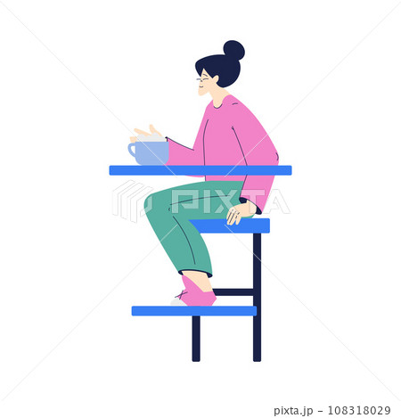 Woman Character with Hot Chocolate Mug Sitting on Chair in Cafe Enjoying Drink Vector Illustration 108318029