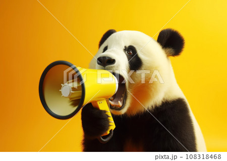 Panda with loudspeaker on yellow background 108318468