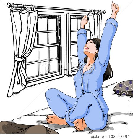 パジャマ姿で伸びをする若い女性_背景あり_あぐら パジャマ姿で伸びをする若い女性_背景あり_あぐら 108318494