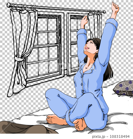 パジャマ姿で伸びをする若い女性_背景あり_あぐら パジャマ姿で伸びをする若い女性_背景あり_あぐら 108318494