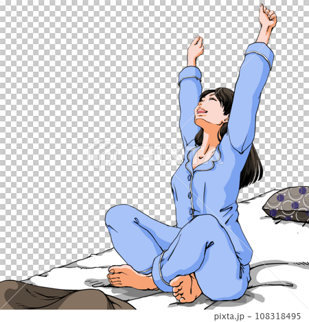 パジャマ姿で伸びをする若い女性_背景なし パジャマ姿で伸びをする若い女性_背景なし 108318495