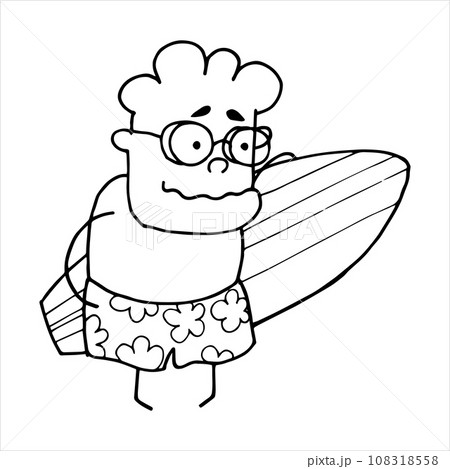 vector illustration in doodle style. elderly man, grandfather in a bathing suit and a surfboard. otpuks, rest of the elderly. grandfather goes in for sports. modern retirees vector illustration in doodle style. elderly man, grandfather in a bathing suit and a surfboard. otpuks, rest of the elderly. grandfather goes in for sports. modern retirees 108318558