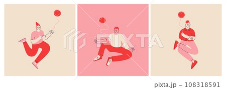 Three cute people blood donors with a blood collection catheter in a vein. Blood, plasma and internal organ donation. Set of vector isolated abstract characters. 108318591
