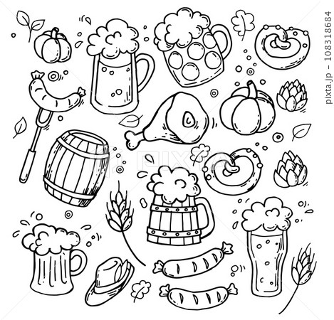 vector set in doodle style on the Octoberfest theme. cute simple drawings with beer, sausages, beer October fest	 108318684