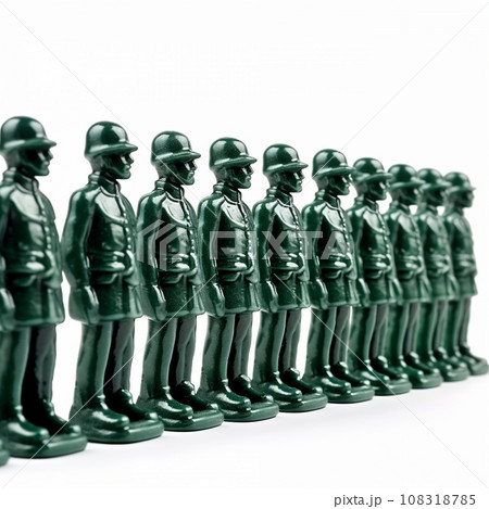 Many identical toy green soldiers in a row on a white background, the concept of militarization, army, weapons, military action 108318785