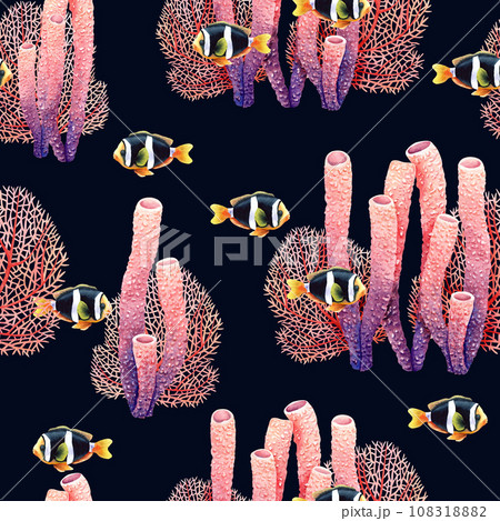 Seamless pattern with underwater coral reef plants and exotic clark fishes. Watercolor illustration fabric, textile 108318882