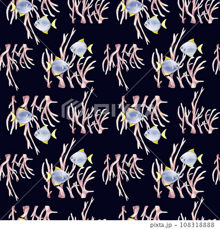 Seamless pattern with corals and exotic fishes moonyfish. Watercolor illustration for wrapping, wallpaper, fabric 108318888