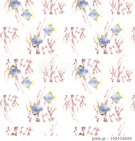 Seamless pattern with corals and exotic fishes moonyfish. Watercolor illustration for wrapping, wallpaper, fabric 108318889