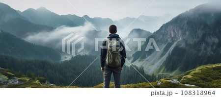 Lonely man enjoying view of the summer foggy mountains while he standing on a mountain peak. Lonely man enjoying view of the summer foggy mountains while he standing on a mountain peak. 108318964
