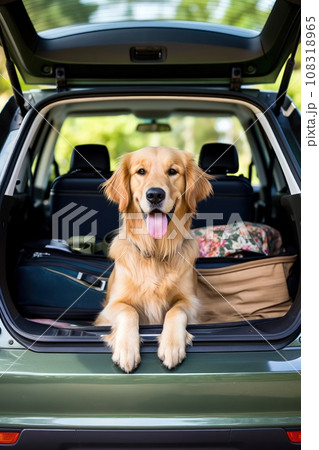 Dog sitting in car trunk waiting for owner to return with ears perked up listening for sign Dog sitting in car trunk waiting for owner to return with ears perked up listening for sign 108318965