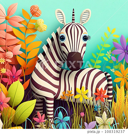 Cute little zebra vivid color background. Cartoon style safari animal illustration, generative AI 108319237