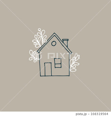vector illustration in the style of minimalism. cute houses with flowers and plants. modern postcards on a pink background. stay home. doodle line drawings.	 108319564