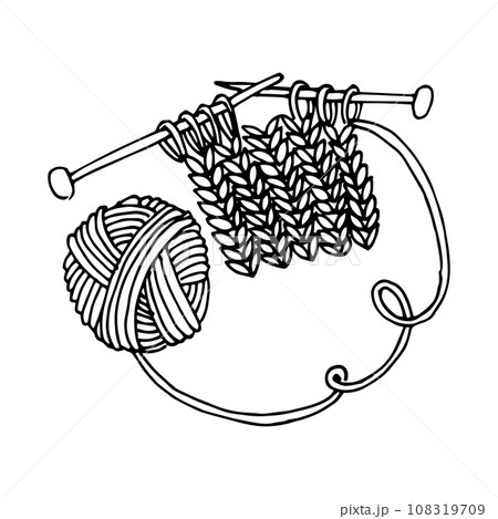 vector drawing in the style of doodle. knitting. clew for knitting and knitting needles, crochet. hobby symbol, needlework, homework.	 108319709