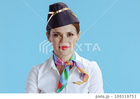 modern female flight attendant on blue in uniform modern female flight attendant on blue in uniform 108319751