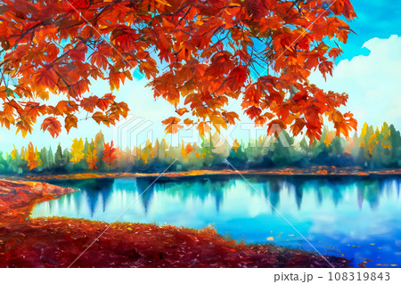 紅葉した森と湖のイラスト 紅葉した森と湖のイラスト 108319843