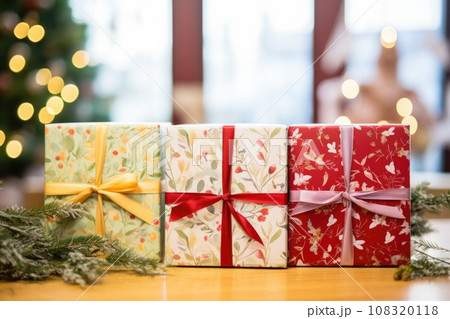 close up of gift boxes wrapped in holiday-themed paper 108320118