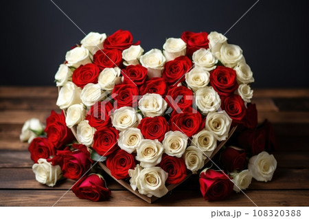 white and red roses arranged in the shape of a heart white and red roses arranged in the shape of a heart 108320388