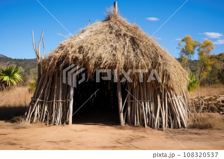 typical native hut made of straw and branches 108320537