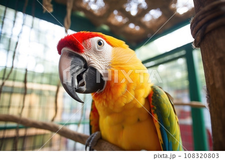 two parrots sharing a perch inside a cage two parrots sharing a perch inside a cage 108320803