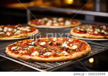 freshly baked pizzas cooled on a rack 108320899
