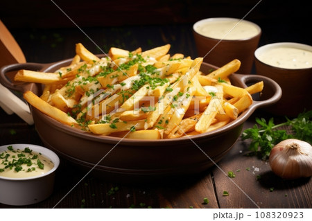 belgian fries in a large ceramic bowl 108320923
