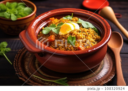 indonesian nasi goreng in a clay pot with spoon 108320924