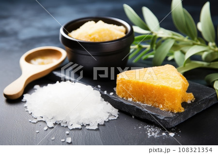sea salt scrub and natural sponge presented on a slate tile 108321354