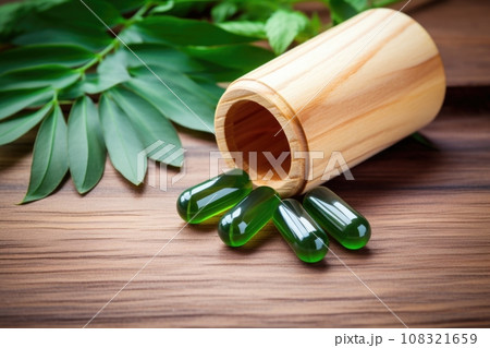 retinol capsules on a wooden surface with green leaves around 108321659