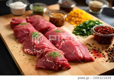 seasoning raw meats for an argentinian asado mixed grill 108321839