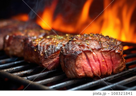 zoomed-in shot of sizzling cut of beef on the grill zoomed-in shot of sizzling cut of beef on the grill 108321841