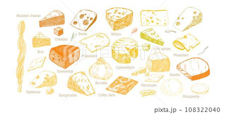 Watercolor different kinds cheeses with cutted pieces, milk dairy product. Delicious food hand-drawn illustration isolated on white background. Perfect for menu, recipe, label, packaging design 108322040
