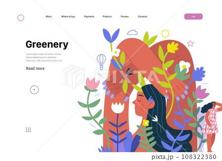 Greenery, ecology -modern flat vector concept illustration of a mural of a woman, surrounded by plants. Metaphor of environmental sustainability and protection, closeness to nature 108322380