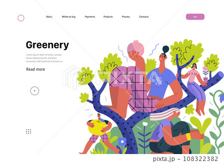 Greenery, ecology -modern flat vector concept illustration of people on a tree, surrounded by plants. Metaphor of environmental sustainability and protection, closeness to nature 108322382