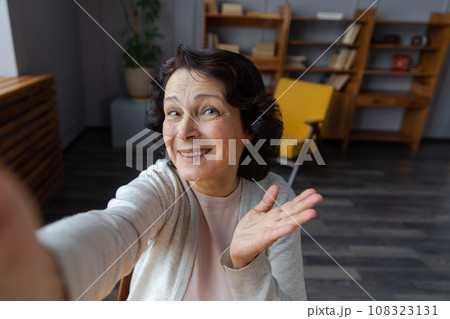 Happy middle aged senior woman talk on video call with friends family. Laughing mature old senior grandmother having fun speaking with grown up children online, Headshot portrait selfie webcamera view 108323131
