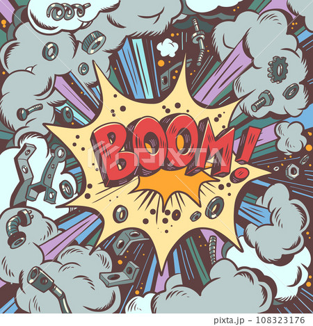 An incredible and sudden event that brings chaos. Thunder of upcoming discounts and sales of services and goods. The effect and the inscription BOOM with many elements. 108323176